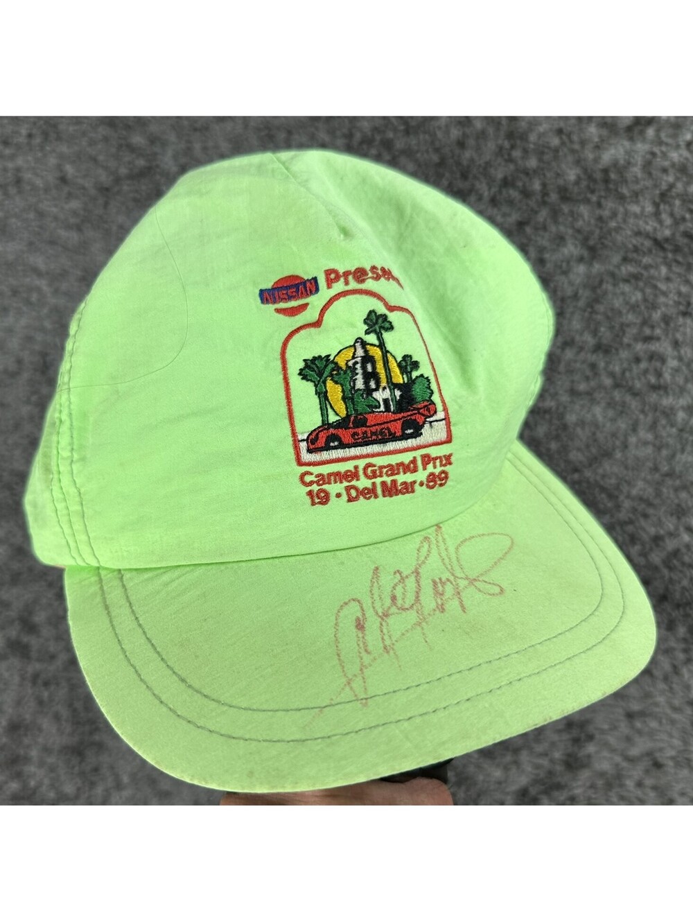 Vintage 1989 Camel Grand Prix Del Mar Hat Signed Racing Snapback Cap Neon Green
